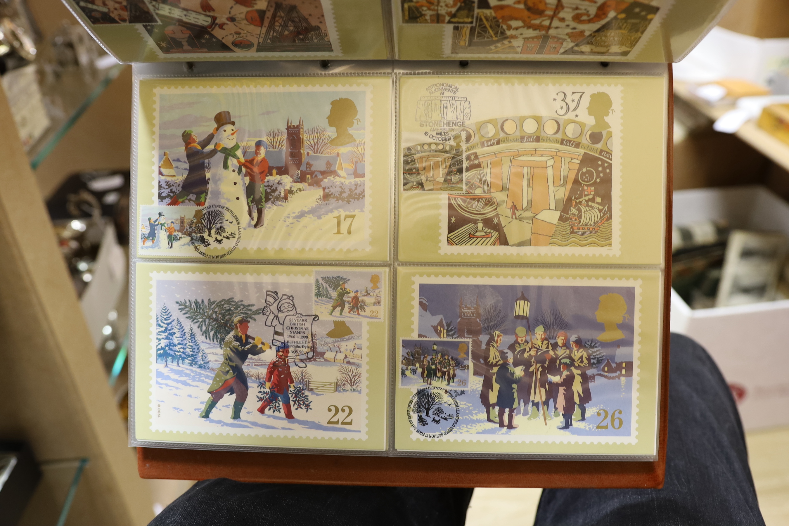A collection of mainly G.B. stamps in albums with Mint Decimal Issues, F.D. covers from 1953 Coronation onwards, P.H.Q. cards